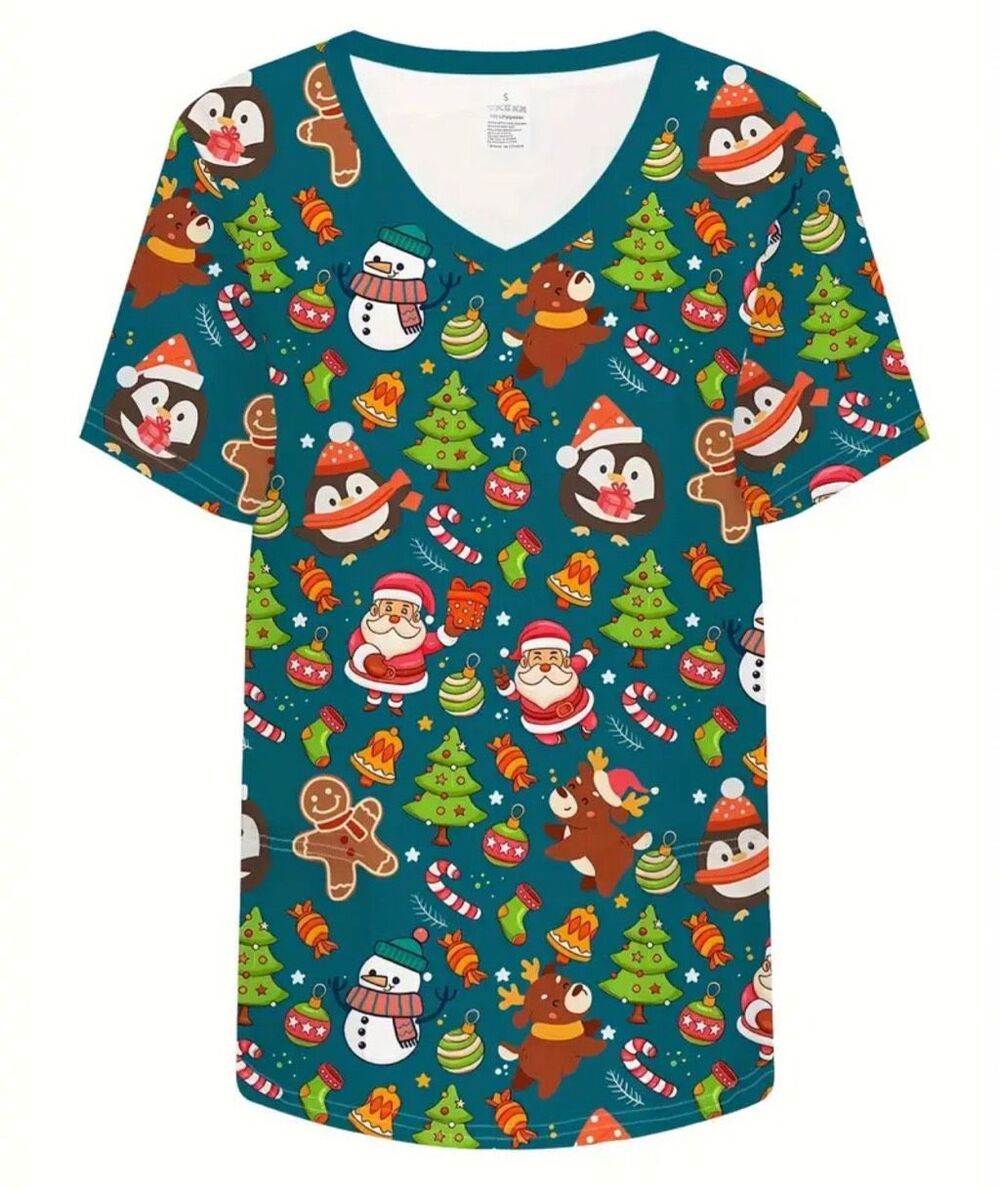 Christmas Scrub top Women’s size Large 12-14 Santa Christmas tree Gingerbread Nu